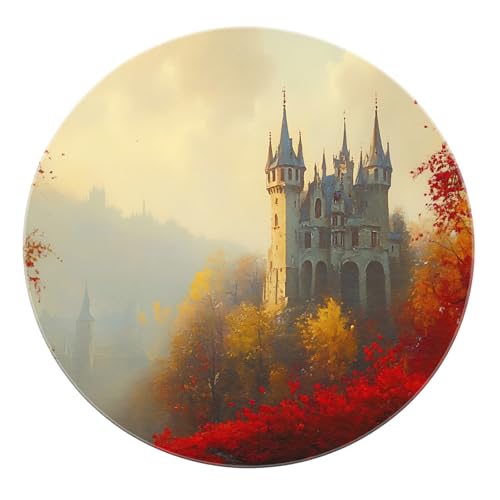 SHUODAOCO Schloss Runder Teppich 90cm - Herbstblätter Rutschfester Kreisteppich Maschinenwaschbare weiche Türmatte für Kinderzimmer Schlafzimmer Wohnzimmer Wohnkultur von SHUODAOCO