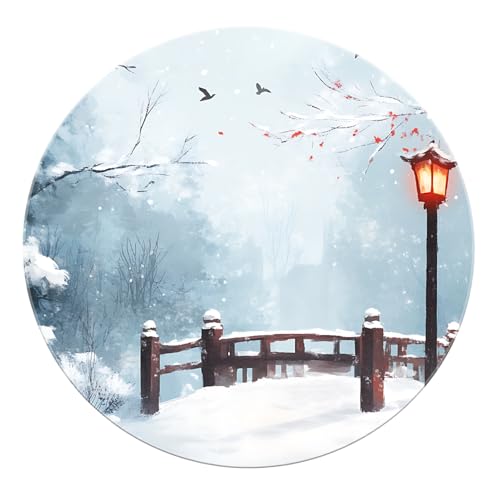 SHUODAOCO Schnee Holzbrücke Runde Teppiche 60cm - Street Bird Circular Teppich Waschbare niedrige Flor weiche Teppiche für Schlafzimmer Eingangsbereich Wohnzimmer Esszimmer von SHUODAOCO