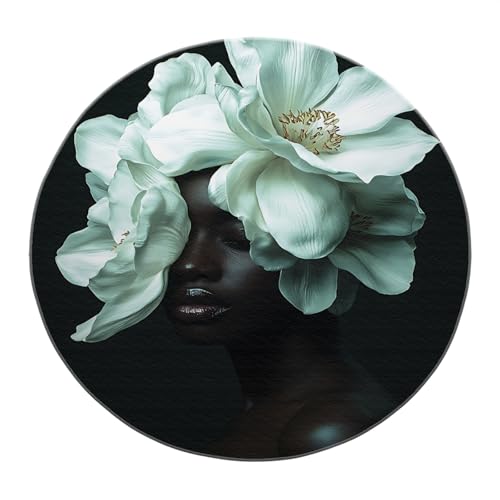 SHUODAOCO Schwarz Weiß Blumen Runde Teppiche 120cm - Magnolie Gesichtsmuster Faltbar Soft Carpert für Wohnzimmer Esszimmer Foyer Badezimmer Klassenzimmer von SHUODAOCO