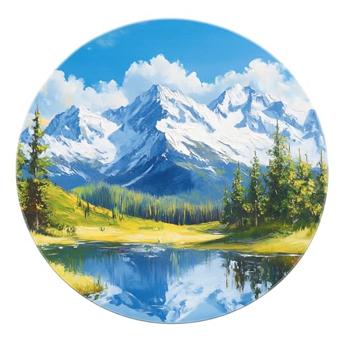 SHUODAOCO Snow Mountain Lake Runder Teppich 60cm - Blau Grün Landschaft rutschfeste waschbare weiche Türmatte für Camping Dorm Home Decor Eingangsbereich Wohnzimmer von SHUODAOCO