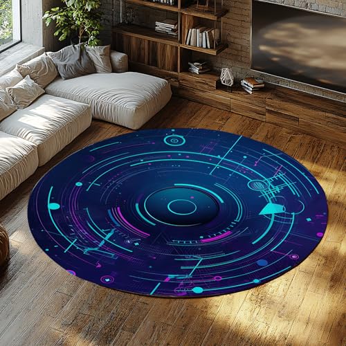 SHUODAOCO Tiefblauer runder Teppich mit Basis 180cm - leuchtende geometrische lila Akzente Teppich rutschfeste waschbare weiche Kreismatte für Wohnzimmer Schlafzimmer Büro von SHUODAOCO