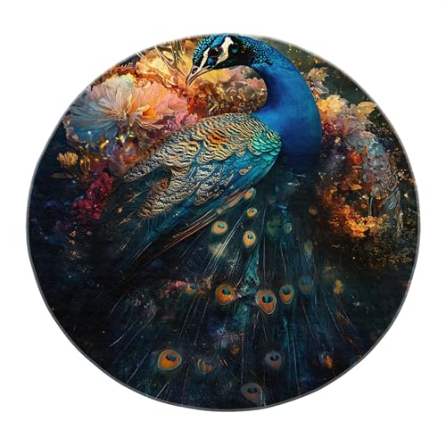 SHUODAOCO Tier Runde Bereich Teppiche 200cm - Pfau volle Blüte waschbarer Teppich Bunte Schwanz Blumenmatte für Wohnzimmer Esszimmer Badezimmer Klassenzimmer von SHUODAOCO