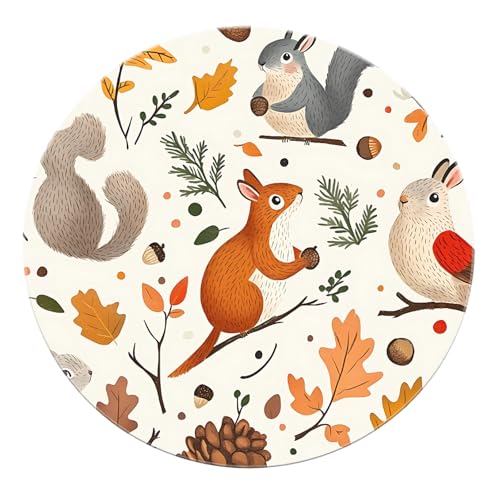 SHUODAOCO Tier botanische runde Fläche Teppiche 100cm - braun grau Eichhörnchen Tropische Pflanzen rutschfeste weiche Teppiche für Kinderzimmer Spielzimmer Schlafzimmer Eingangsbereich von SHUODAOCO