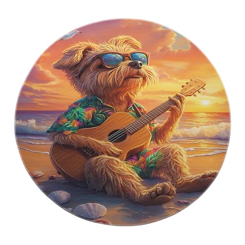 SHUODAOCO Tier runder Boho-Teppich 160cm - Sonnenbrille Katze Gitarre Yelow Teppich niedrige Flor weiche Matte für Schlafzimmer Eingangsbereich Wohnzimmer Esszimmer Küche von SHUODAOCO