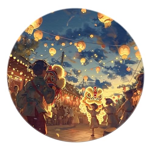 SHUODAOCO Traditionelle Feste Runde Teppiche - Löwe Laterne Waschbarer weicher Teppich Gelb Blau Türmatte für Wohnzimmer Esszimmer Klassenzimmer 60cm von SHUODAOCO