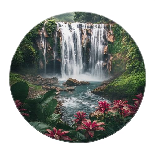 SHUODAOCO Tropische Natur Wasserfall Runde Fläche Teppich 160cm - Blume Gras Weiche rutschfeste waschbare Matte für Wohnzimmer Terrasse Wohnkultur Bauernhaus Küche von SHUODAOCO