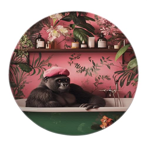 SHUODAOCO Tropische Pflanze Runder Teppich 180cm - Rosa Basis Schimpansen Wanne Matte rutschfeste waschbare weiche Teppiche für Schlafzimmer Wohnzimmer Esszimmer Eingangsbereich von SHUODAOCO