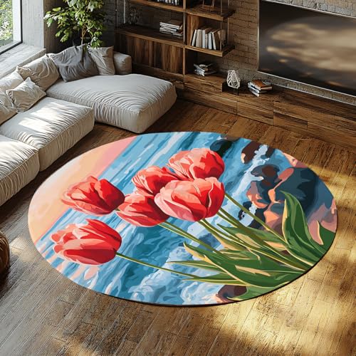SHUODAOCO Tulpe & Meerblick Blumen Runde Teppiche 100cm - Moderner runder Teppich im Küstenstil rutschfeste Faltbare weiche Thorw-Matte für Wohnzimmer Schlafzimmer von SHUODAOCO