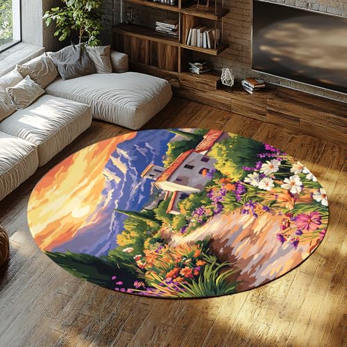SHUODAOCO Villa Garden Sunset Floral Runde Teppiche 90cm - Landschaft Moderner Teppich Rutschfester weicher Kreisteppich für Eingangsbereich Wohnzimmer Esszimmer Foyer SHUODAOCO Villa Garden Sunset Floral Runde Teppiche 90cm - Landschaft Moderner Teppich Rutschfester weicher Kreisteppich für Eingangsbereich Wohnzimmer Esszimmer Foyer von SHUODAOCO