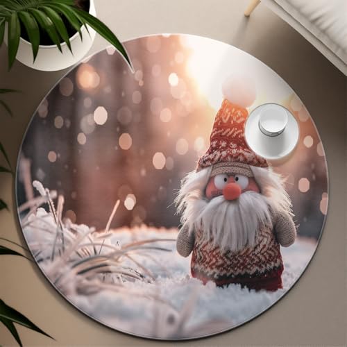 SHUODAOCO Weihnachten verschneite Szene runder Teppich 90cm - süße Puppe waschbare Teppiche Rutschfester weicher Schlafzimmerteppich für Wohnzimmer Urlaub Dekor Esszimmer Foyer von SHUODAOCO