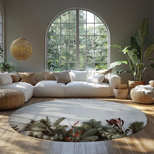 SHUODAOCO Weihnachtsgrün Runde Teppiche 90cm - Natürlicher Stil waschbarer Kreisteppich rutschfest weich für Schlafzimmer Wohnzimmer Esszimmer Büro von SHUODAOCO