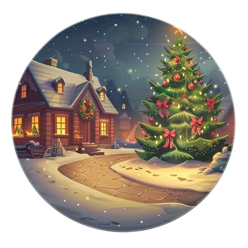 SHUODAOCO Weihnachtshütte & Baum Runder Teppich 90cm - verschneite Nacht Baum rote Schleifen waschbarer weicher Teppich für Eingangsbereich Schlafzimmer Wohnzimmer Urlaub Dekor von SHUODAOCO