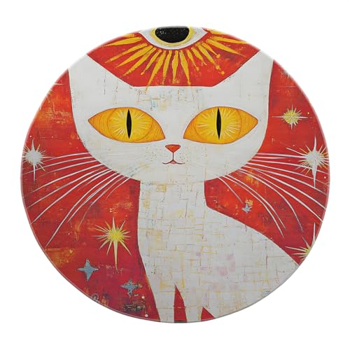 SHUODAOCO Weiße Katze Runde Teppiche 100cm - Krone Sonne Rot Gelb Augen Kreis Boho Teppiche für Schlafzimmer Eingangsbereich Wohnzimmer Esszimmer Badezimmer Hotel von SHUODAOCO