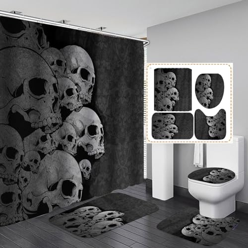 4-teiliges Duschvorhang-Set mit bunten Totenköpfen, rutschfesten Teppichen, WC-Deckelbezug und Badematte, Badezimmer-Set mit 12 Haken, 180 x 180 cm von SHUOFUSH