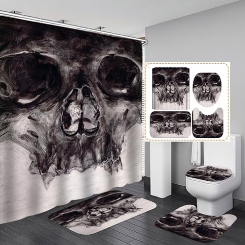 SHUOFUSH 4-teiliges Duschvorhang-Set mit bunten Totenköpfen, rutschfesten Teppichen, WC-Deckelbezug und Badematte, Badezimmer-Set mit 12 Haken, 180 x 180 cm von SHUOFUSH