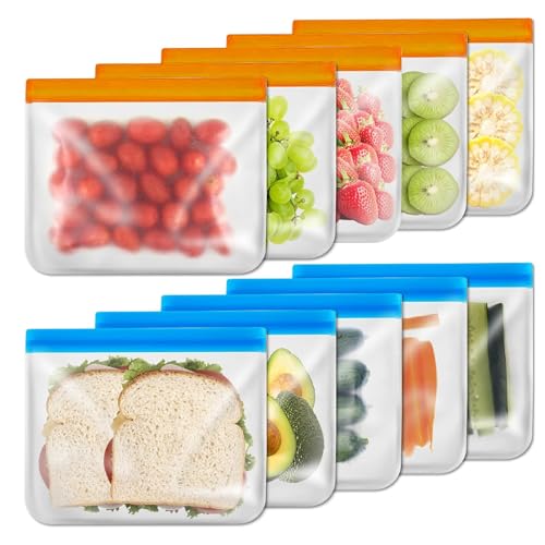 SHUOGUO Wiederverwendbare Sandwichbeutel, spülmaschinenfest, 10 Stück, wiederverwendbare Silikonbeutel, extra dick, auslaufsicher, wiederverwendbar, Gefrierbeutel für Süßigkeiten, Snacks, Müsli, von SHUOGUO