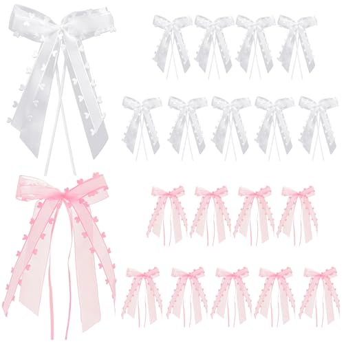 SHUOHONG 20 Stück Autoschleifen Hochzeit, Hochzeit Autoschmuck, Tüll Handgemacht Satinband Deko, Weiß und Rosa Organza mit Herzen Schleifen, für Weihnachtsschleifen Geburtstag Party Dekoration von SHUOHONG