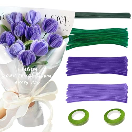 SHUOHONG 300 Stück Pfeifenputzer zum Basteln, Pfeifenreiniger Blumen Set, Pipe Cleaner Flower, Chenilledraht Pfeiffendraht für Diy Basteln Weihnachtsbastelei und Dekorieren (Lila) von SHUOHONG