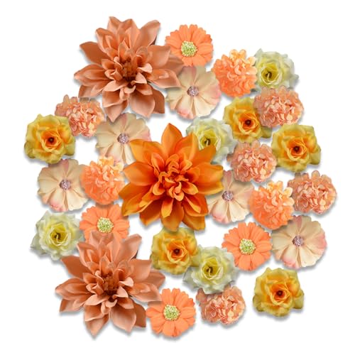 SHUOHONG 40 Stück Kunstblumen zum Basteln, Klein Blumenköpfe 4~8 cm, Blumen Deko, Künstliche Blumen, Rosen Hortensien Fake Blumen, Artificial Flowers für Tortendeko Hochzeitsdeko (Orange) von SHUOHONG