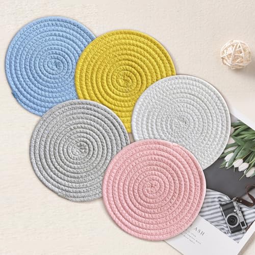 SHUOHONG 5 Stück Farben Runde Geflochtene Untersetzer, Untersetzer Gläser, Coasters, Baumwollseil Gewebtes Tischset, Topf Heiß Pads, Küchendekoration für Tisch und Arbeitsplatte von SHUOHONG