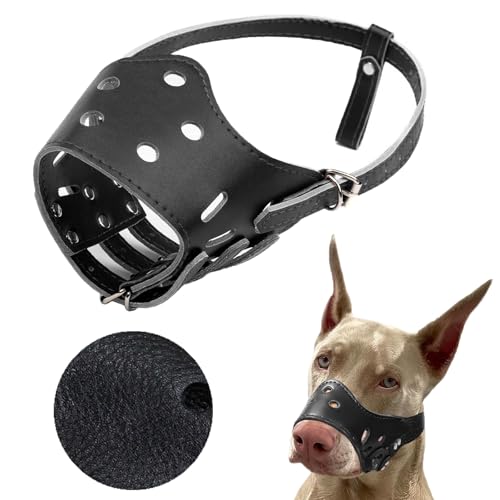 SHUOHONG Hunde Maulkorb, Atmungsaktiv und Bequem, Maulkorb für Große Hunde mit Verstellbaren Trägern, Maulkörbe für Ermöglicht Hecheln und Trinken, für Verhindert Bellen (PU-Schwarz-XL) von SHUOHONG