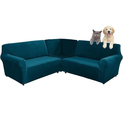3-teilige Corner Couch Abdeckung, Sofabezug L Form Stretch Sofabezug aus Samt für 5/7 Sitzer Ecksofa, Anti Rutsch Sofa Überzug L Form Dicker weicher waschbarer Möbelschutz (Deep Water Blue,7-seater) von SHUOJIA