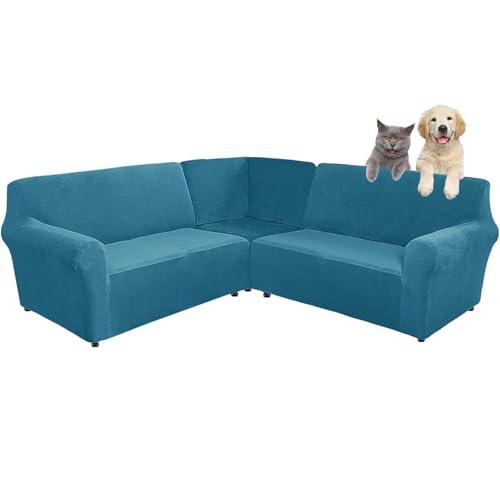3-teilige Corner Couch Abdeckung, Sofabezug L Form Stretch Sofabezug aus Samt für 5/7 Sitzer Ecksofa, Anti Rutsch Sofa Überzug L Form Dicker weicher waschbarer Möbelschutz (Peacock Blue,7-seater) von SHUOJIA