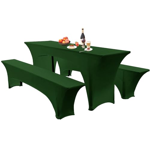 Elastische Hussen Für Bierzeltgarnitur Biertischhussen Bierbank-Auflage & Tischdecke 50 cm Oder 70 cm Tischbreite, 3 TLG Set Stretch Hussen Für Festzeltgarnituren Bierbank (70cm,Forest Green) von SHUOJIA