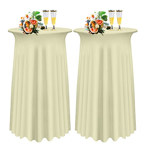 SHUOJIA 1/2/4 Packs Round Cocktail Table Skirt, Spandex Stretch Round Tablecloth Covers with Wavy Drapes, Fitted High Top Cocktail Table Skirt Table Dress for Party Wedding (2Pcs-60cm,Beige) von SHUOJIA