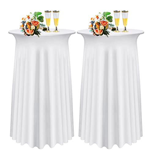 SHUOJIA 1/2/4 Packs Round Cocktail Table Skirt, Spandex Stretch Round Tablecloth Covers with Wavy Drapes, Fitted High Top Cocktail Table Skirt Table Dress for Party Wedding (2Pcs-80cm,White) von SHUOJIA