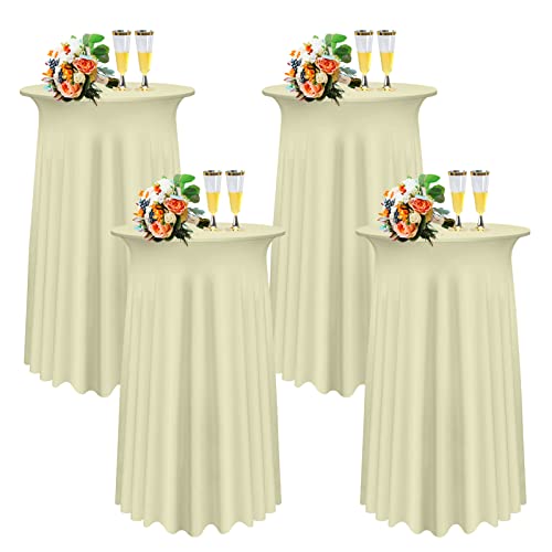 SHUOJIA 1/2/4 Packs Round Cocktail Table Skirt, Spandex Stretch Round Tablecloth Covers with Wavy Drapes, Fitted High Top Cocktail Table Skirt Table Dress for Party Wedding (4Pcs-60cm,Beige) von SHUOJIA