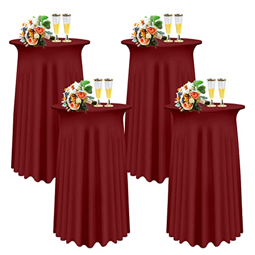SHUOJIA 1/2/4 Packs Round Cocktail Table Skirt, Spandex Stretch Round Tablecloth Covers with Wavy Drapes, Fitted High Top Cocktail Table Skirt Table Dress for Party Wedding (4Pcs-80cm,Deep Red) von SHUOJIA