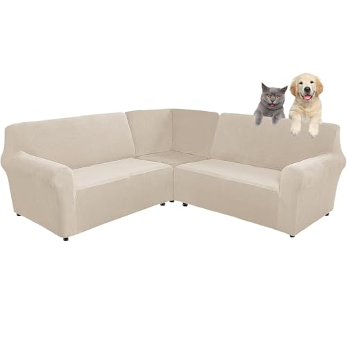 SHUOJIA 3-teilige Corner Couch Abdeckung, Sofabezug L Form Stretch Sofabezug aus Samt für 5/7 Sitzer Ecksofa, Anti Rutsch Sofa Überzug L Form Dicker weicher waschbarer Möbelschutz (Beige,7-Seater) von SHUOJIA