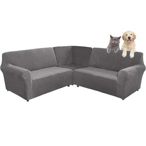 SHUOJIA 3-teilige Corner Couch Abdeckung, Sofabezug L Form Stretch Sofabezug aus Samt für 5/7 Sitzer Ecksofa, Anti Rutsch Sofa Überzug L Form Dicker weicher waschbarer Möbelschutz (Grey,7-Seater) von SHUOJIA
