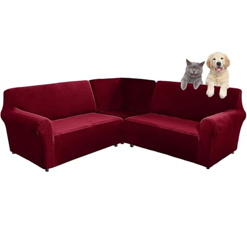 SHUOJIA 3-teilige Corner Couch Abdeckung, Sofabezug L Form Stretch Sofabezug aus Samt für 5/7 Sitzer Ecksofa, Anti Rutsch Sofa Überzug L Form Dicker weicher waschbarer Möbelschutz (Wine Red,5-Seater) von SHUOJIA