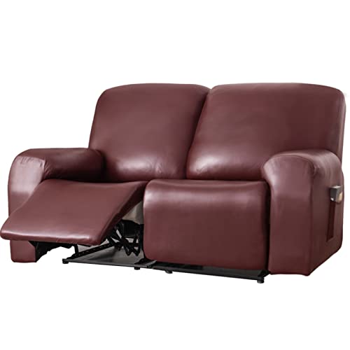 SHUOJIA 6-teiliges Sofabezug-Set Aus Wasserdichtem Leder, PU-Liegestuhl, Split-Stretch-Couch-Schonbezug, Geneigte Sofabezüge Für 2-Sitzer-Sofa-Schonbezüge, Waschbar (Wine Red) von SHUOJIA