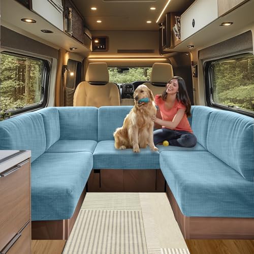 SHUOJIA Bezüge Für Wohnwagenpolster Jacquard, rutschfeste Wohnmobil Sitzbezüge Mit Verstellband, Sofa Sitzkissenbezug Für Schonbezug Wohnwagen Polster waschbar (Light Blue,W 150-190cm, D 45-65cm) von SHUOJIA
