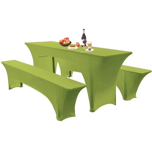 SHUOJIA Elastische Hussen Für Bierzeltgarnitur Biertischhussen Bierbank-Auflage & Tischdecke 50 cm Oder 70 cm Tischbreite, 3 TLG Set Stretch Hussen Für Festzeltgarnituren Bierbank (50cm,Apple Green) von SHUOJIA