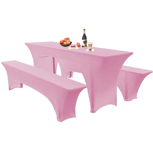 Elastische Hussen Für Bierzeltgarnitur Biertischhussen Bierbank-Auflage & Tischdecke 50 cm Oder 70 cm Tischbreite, 3 TLG Set Stretch Hussen Für Festzeltgarnituren Bierbank (50cm,Pink) von SHUOJIA