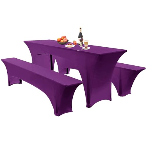 SHUOJIA Elastische Hussen Für Bierzeltgarnitur Biertischhussen Bierbank-Auflage & Tischdecke 50 cm Oder 70 cm Tischbreite, 3 TLG Set Stretch Hussen Für Festzeltgarnituren Bierbank (50cm,Purple) von SHUOJIA