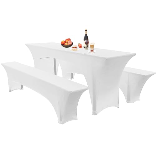 Elastische Hussen Für Bierzeltgarnitur Biertischhussen Bierbank-Auflage & Tischdecke 50 cm Oder 70 cm Tischbreite, 3 TLG Set Stretch Hussen Für Festzeltgarnituren Bierbank (50cm,White) von SHUOJIA