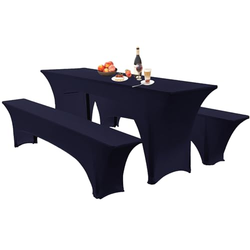 Elastische Hussen Für Bierzeltgarnitur Biertischhussen Bierbank-Auflage & Tischdecke 50 cm Oder 70 cm Tischbreite, 3 TLG Set Stretch Hussen Für Festzeltgarnituren Bierbank (70cm,Dark Blue) von SHUOJIA