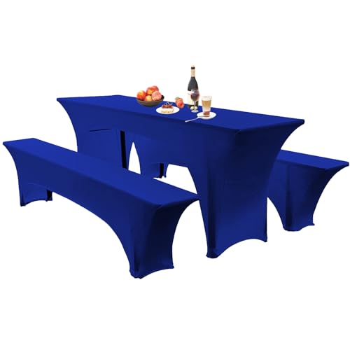 Elastische Hussen Für Bierzeltgarnitur Biertischhussen Bierbank-Auflage & Tischdecke 50 cm Oder 70 cm Tischbreite, 3 TLG Set Stretch Hussen Für Festzeltgarnituren Bierbank (70cm,Sapphire) von SHUOJIA
