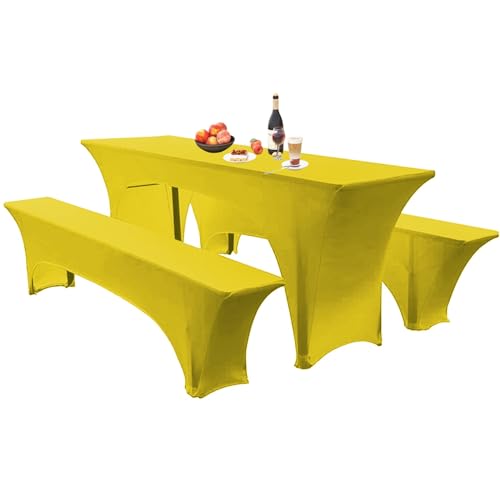 Elastische Hussen Für Bierzeltgarnitur Biertischhussen Bierbank-Auflage & Tischdecke 50 cm Oder 70 cm Tischbreite, 3 TLG Set Stretch Hussen Für Festzeltgarnituren Bierbank (70cm,Yellow) von SHUOJIA