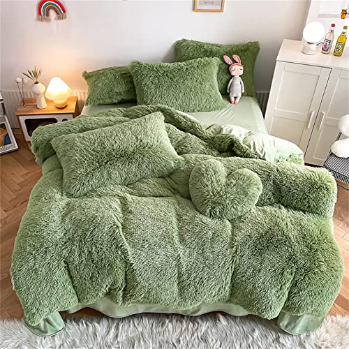 SHUOJIA Plüsch Bettwäsche Set Warme Winter Langhaar Flauschig Flanell Bettbezug Mit,Bettbezug Mit Reißverschluss Und Kissenbezug (Green 2,Super King(Set of 3)) von SHUOJIA