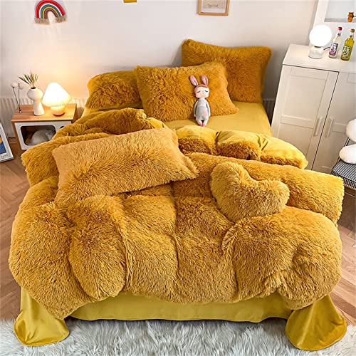 SHUOJIA Plüsch Bettwäsche Set Warme Winter Langhaar Flauschig Flanell Bettbezug Mit,Bettbezug Mit Reißverschluss Und Kissenbezug (Yellow,Single(Set of 2)) von SHUOJIA