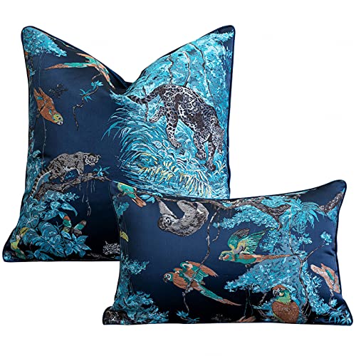 Kissenhülle 45X45cm Sofa Wohnzimmer Dekorativer Kissenbezug Luxus Chinesischer Retro-Dschungel Tier Vogel Leopard Jacquard Bestickte Seiden-Kissenbezüge,Blue von SHUSI