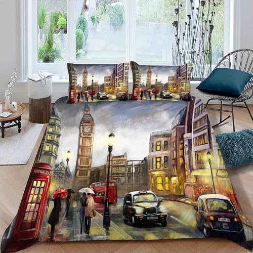 Kinder Bettwäsche Londoner Straße 135x200 cm 3teilig Jungen und Mädchen 100% Mikrofaser Sommer Weiche Winter Warm Bettbezüge 3D Moderne Stadt Bettbezug mit Kissenbezüge 80x80 cm von SHUUL