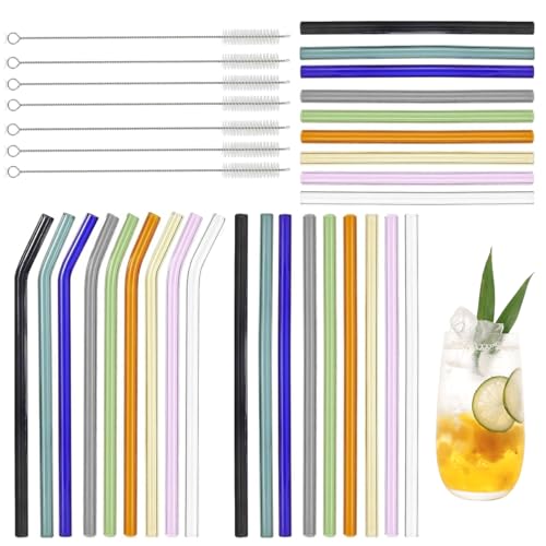 Glasstrohhalme Bunt Wiederverwendbar 34 Stück, Glasröhrchen 9 * 21.5cm Gebogen und 9 * 21.5cm Gerade Wiederverwendbar, 9 * 15cm* kurz Strohhalme Glas Farbige mit 7 Reinigungsbürsten von SHUY