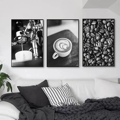 SHUYINGHENGXIE Schwarz Weiß Kaffee Poster Druckt Leinwand Malerei Kaffeebohnen Moderne Wandkunst Bilder Küche Restaurant Raum Dekoration Kein Rahmen-30x40cmX3 von SHUYINGHENGXIE